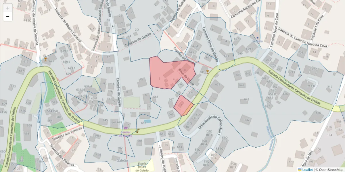 Mapa detalhado do código postal 9020-036 com limites, códigos postais vizinhos e agências dos correios