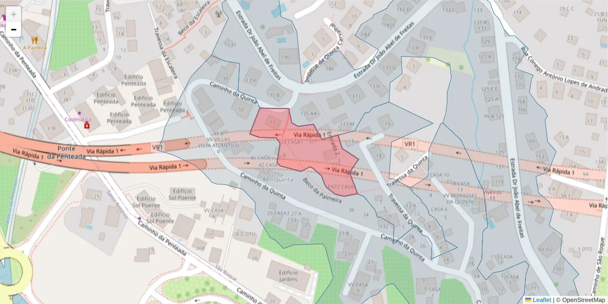 Mapa detalhado do código postal 9020-050 com limites, códigos postais vizinhos e agências dos correios