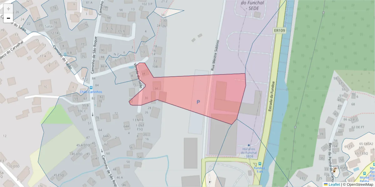 Mapa detalhado do código postal 9020-058 com limites, códigos postais vizinhos e agências dos correios