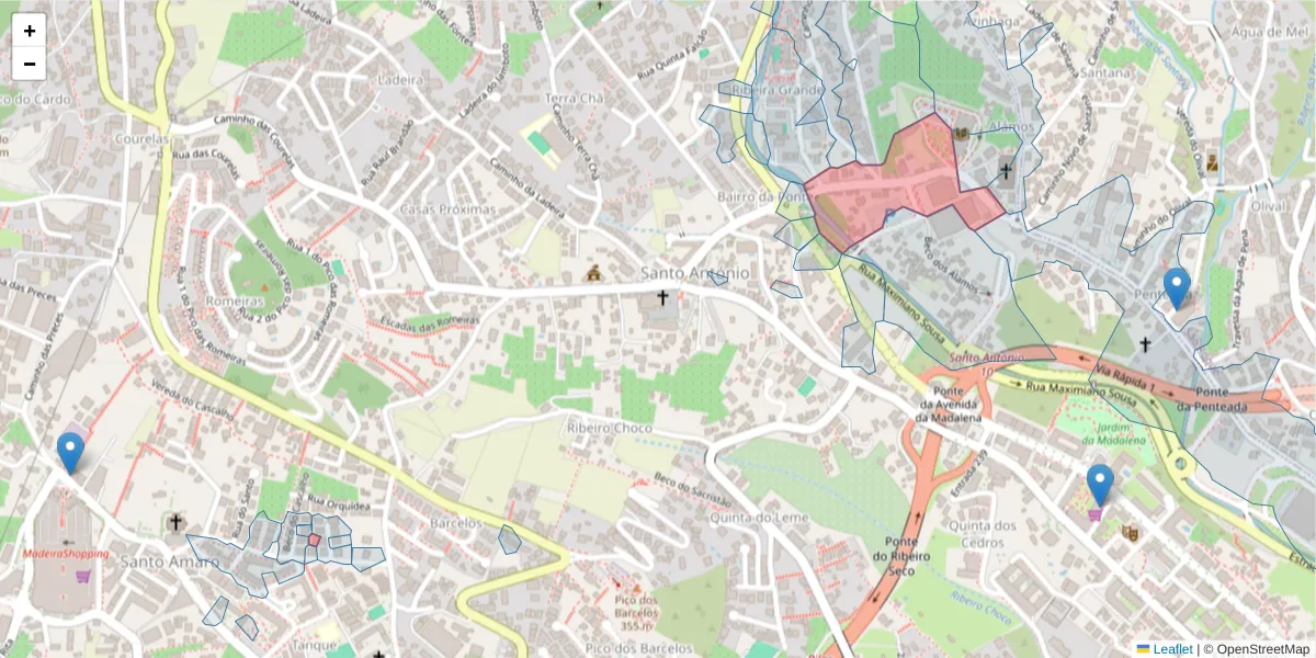 Mapa detalhado do código postal 9020-064 com limites, códigos postais vizinhos e agências dos correios