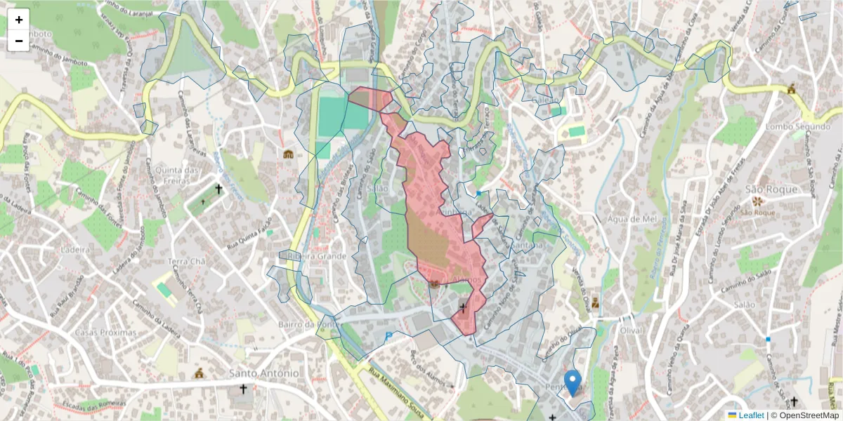Mapa detalhado do código postal 9020-067 com limites, códigos postais vizinhos e agências dos correios