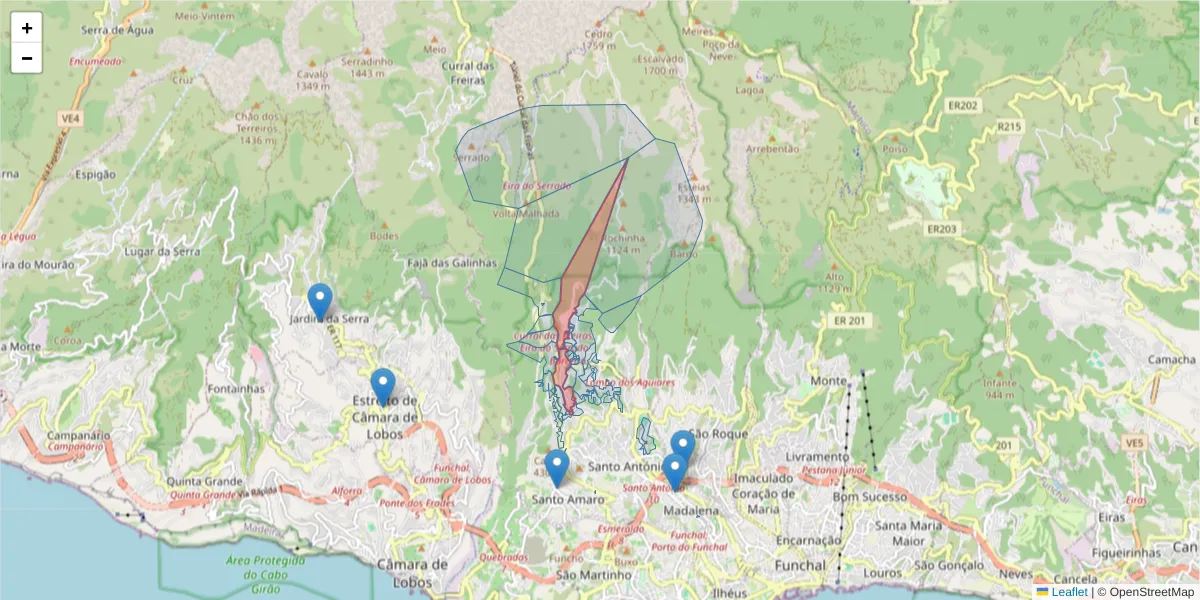 Mapa detalhado do código postal 9020-068 com limites, códigos postais vizinhos e agências dos correios