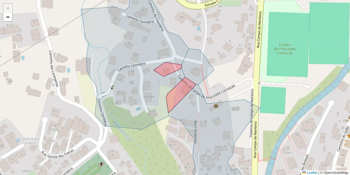 Mapa detalhado do código postal 9020-073 com limites, códigos postais vizinhos e agências dos correios