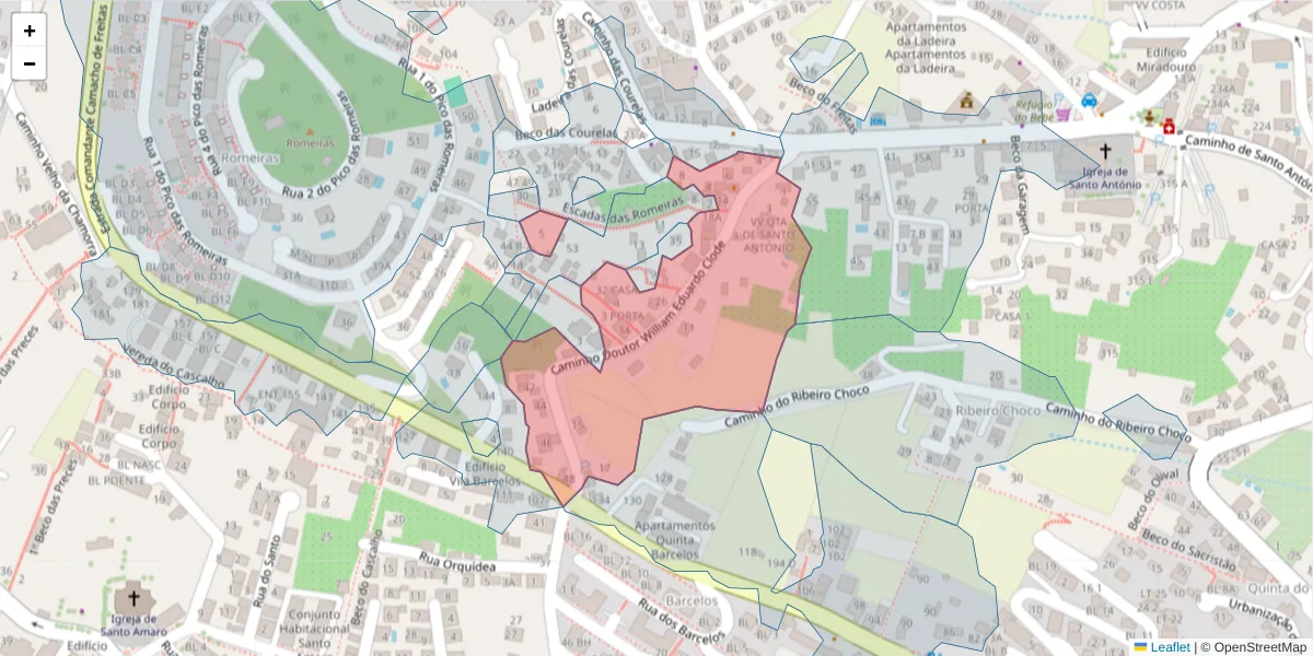Mapa detalhado do código postal 9020-083 com limites, códigos postais vizinhos e agências dos correios