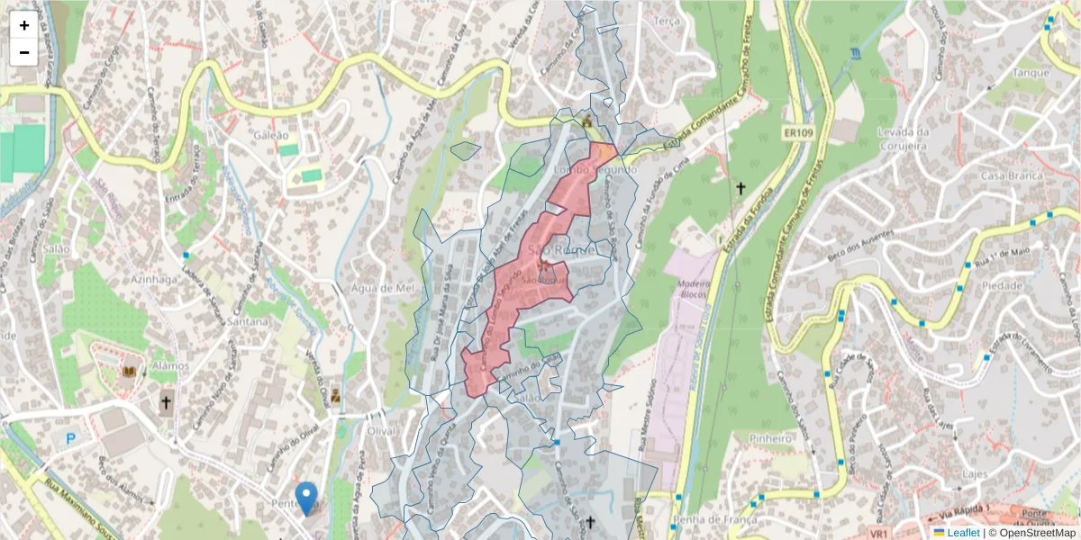 Mapa detalhado do código postal 9020-097 com limites, códigos postais vizinhos e agências dos correios