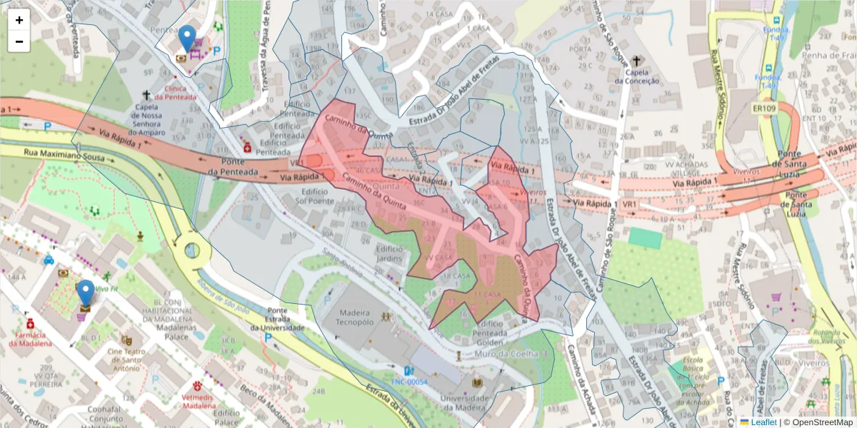 Mapa detalhado do código postal 9020-111 com limites, códigos postais vizinhos e agências dos correios