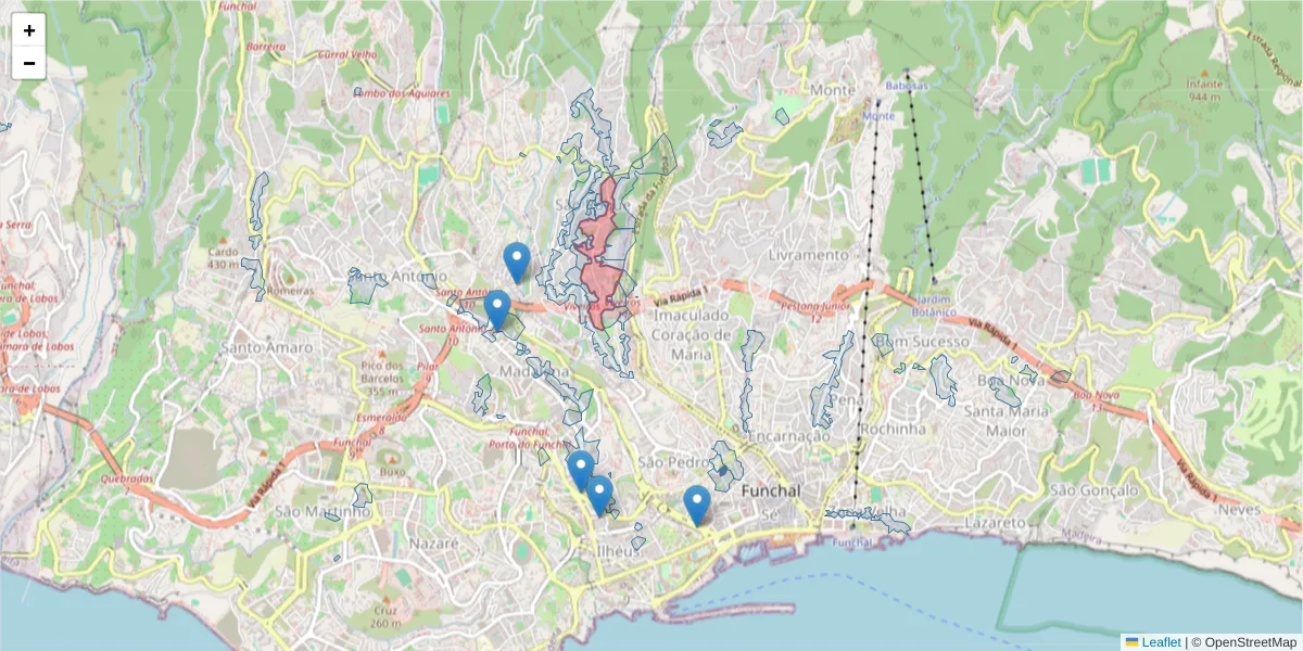 Mapa detalhado do código postal 9020-122 com limites, códigos postais vizinhos e agências dos correios