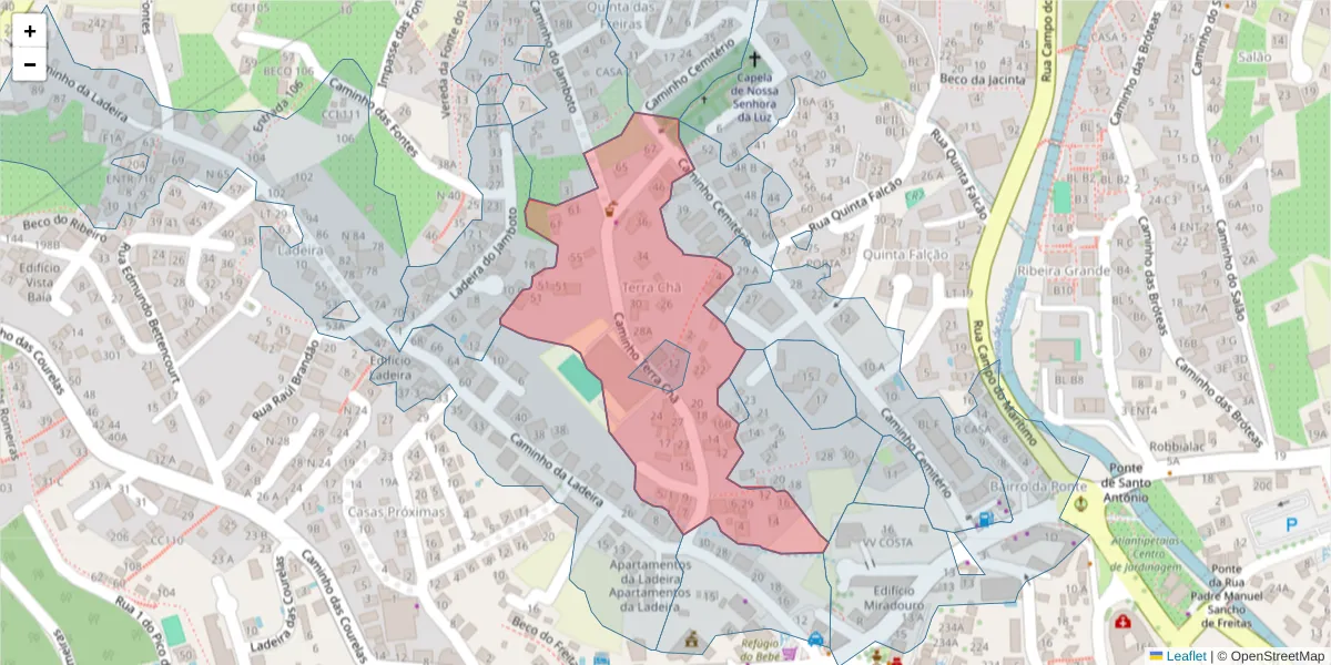 Mapa detalhado do código postal 9020-124 com limites, códigos postais vizinhos e agências dos correios