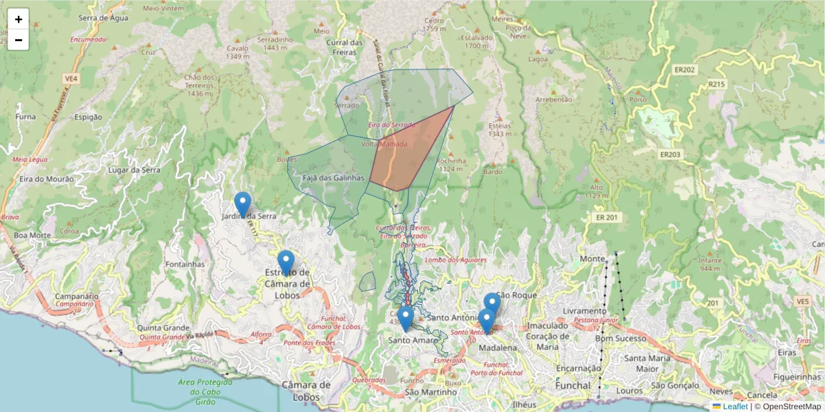 Mapa detalhado do código postal 9020-156 com limites, códigos postais vizinhos e agências dos correios