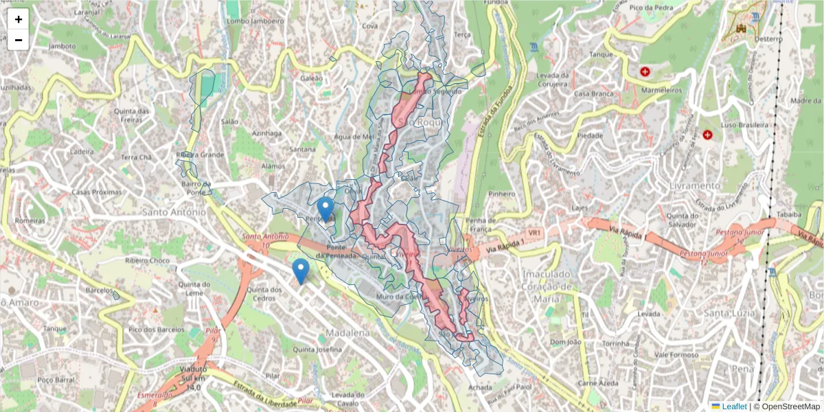 Mapa detalhado do código postal 9020-158 com limites, códigos postais vizinhos e agências dos correios