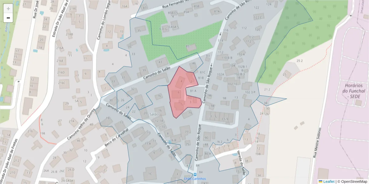 Mapa detalhado do código postal 9020-165 com limites, códigos postais vizinhos e agências dos correios