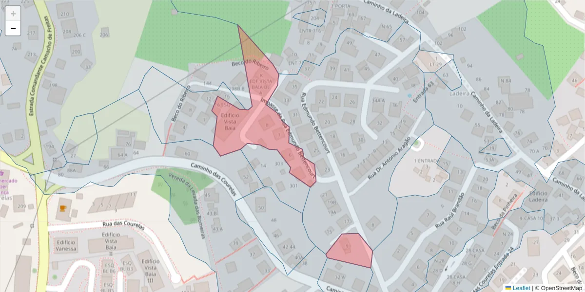 Mapa detalhado do código postal 9020-174 com limites, códigos postais vizinhos e agências dos correios