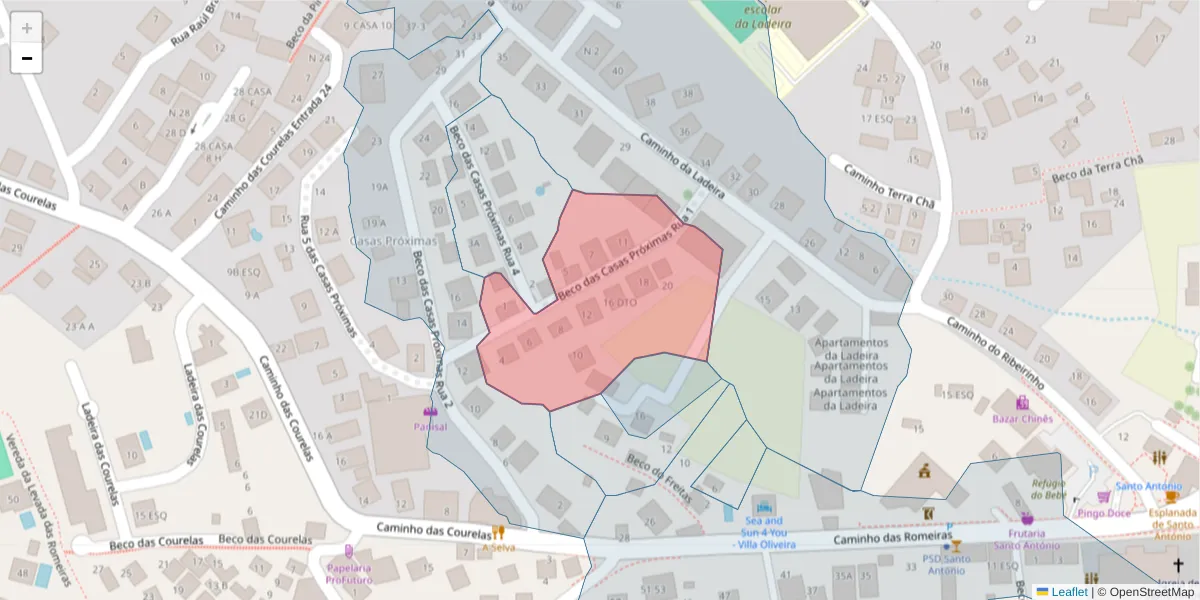Mapa detalhado do código postal 9020-199 com limites, códigos postais vizinhos e agências dos correios