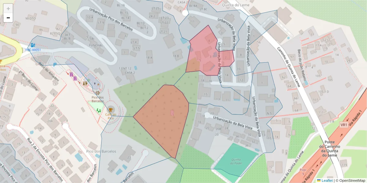 Mapa detalhado do código postal 9020-204 com limites, códigos postais vizinhos e agências dos correios
