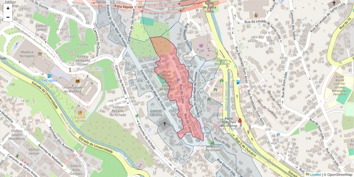 Mapa detalhado do código postal 9020-209 com limites, códigos postais vizinhos e agências dos correios