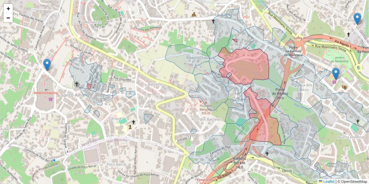 Mapa detalhado do código postal 9020-223 com limites, códigos postais vizinhos e agências dos correios