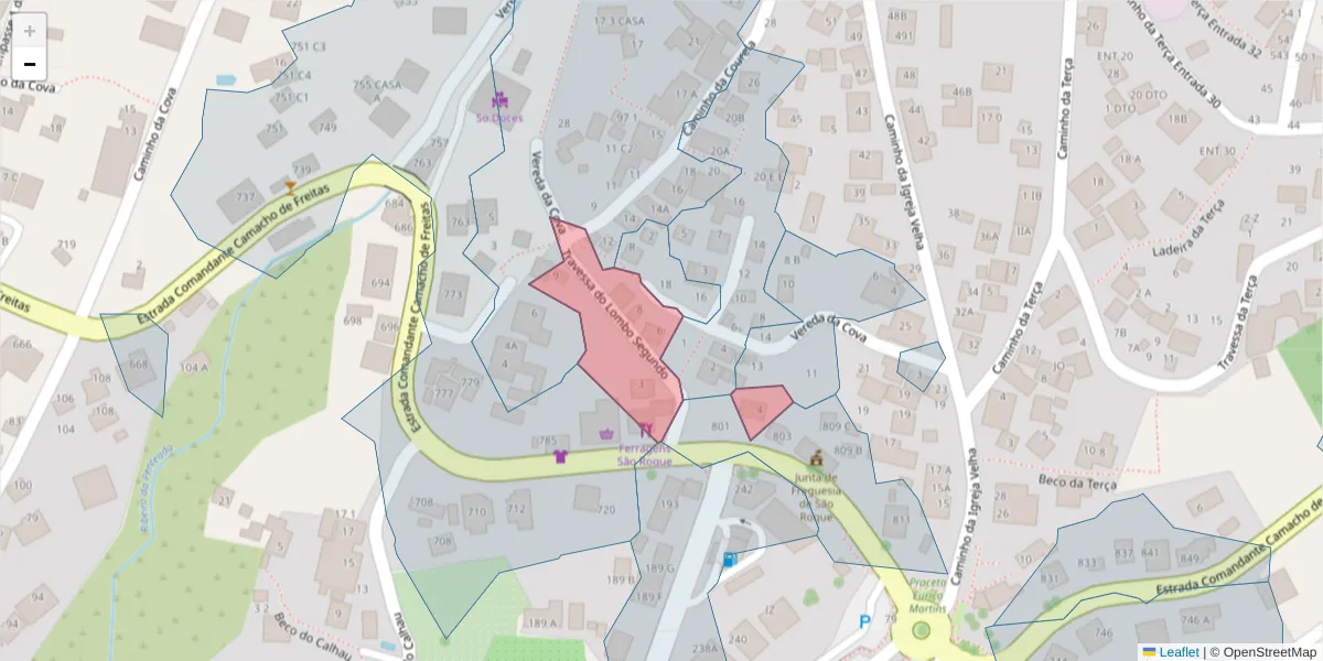 Mapa detalhado do código postal 9020-245 com limites, códigos postais vizinhos e agências dos correios