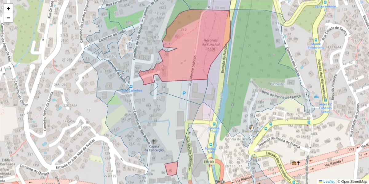 Mapa detalhado do código postal 9020-304 com limites, códigos postais vizinhos e agências dos correios