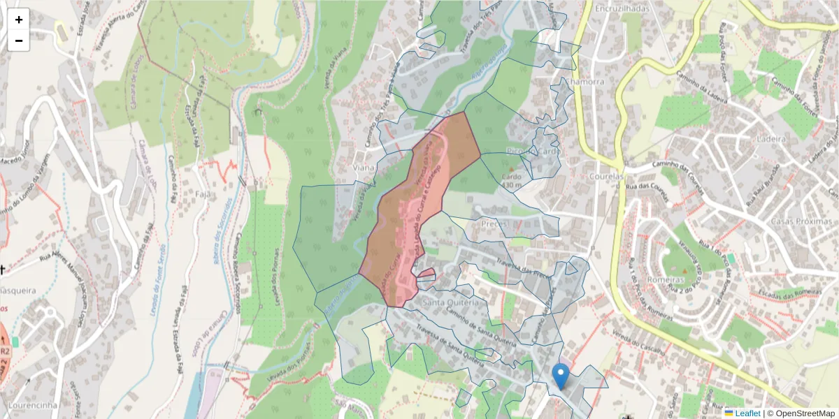 Mapa detalhado do código postal 9020-305 com limites, códigos postais vizinhos e agências dos correios