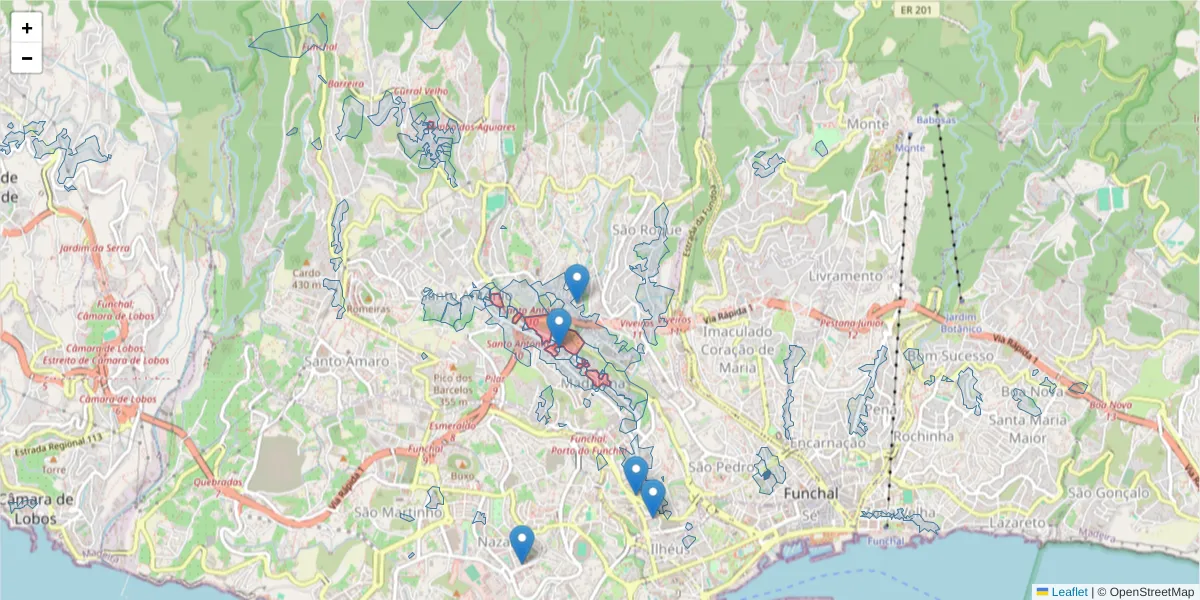 Mapa detalhado do código postal 9020-330 com limites, códigos postais vizinhos e agências dos correios