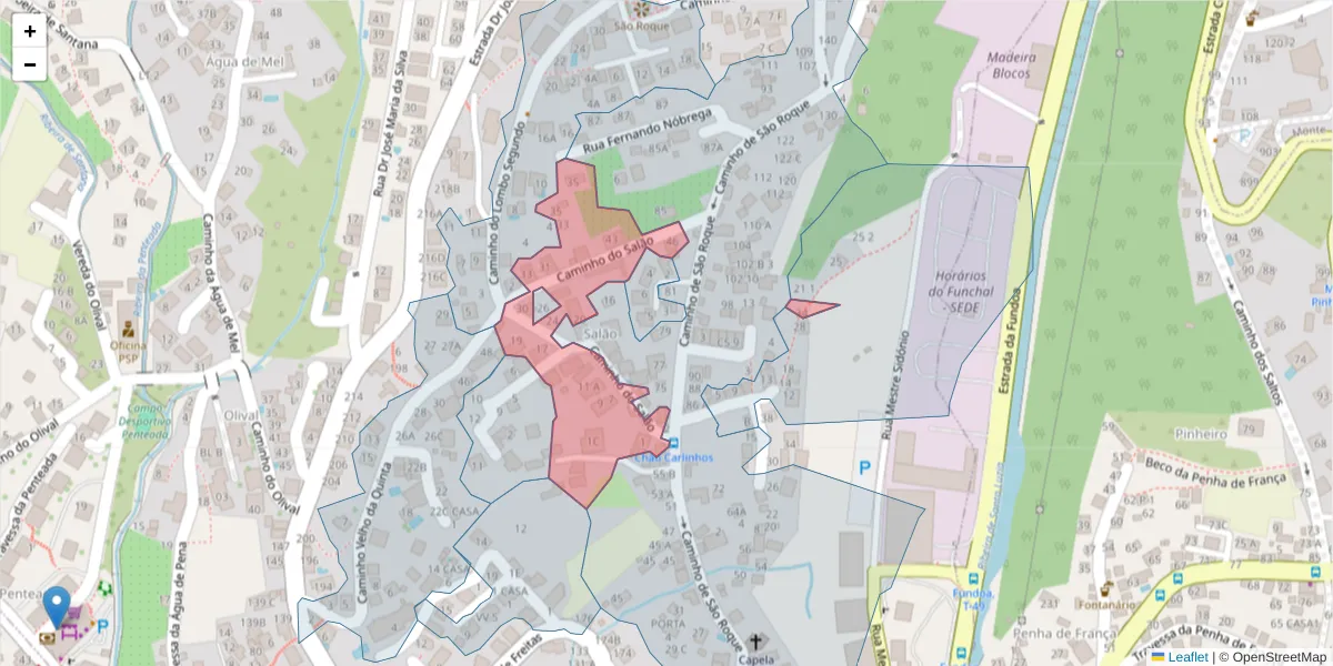 Mapa detalhado do código postal 9020-332 com limites, códigos postais vizinhos e agências dos correios