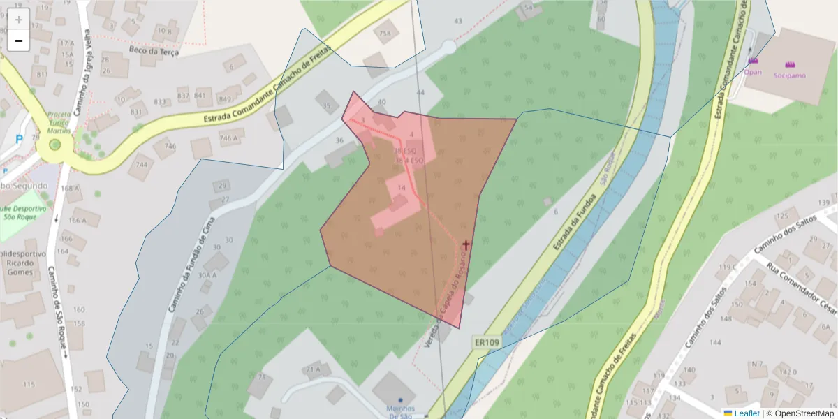 Mapa detalhado do código postal 9020-392 com limites, códigos postais vizinhos e agências dos correios