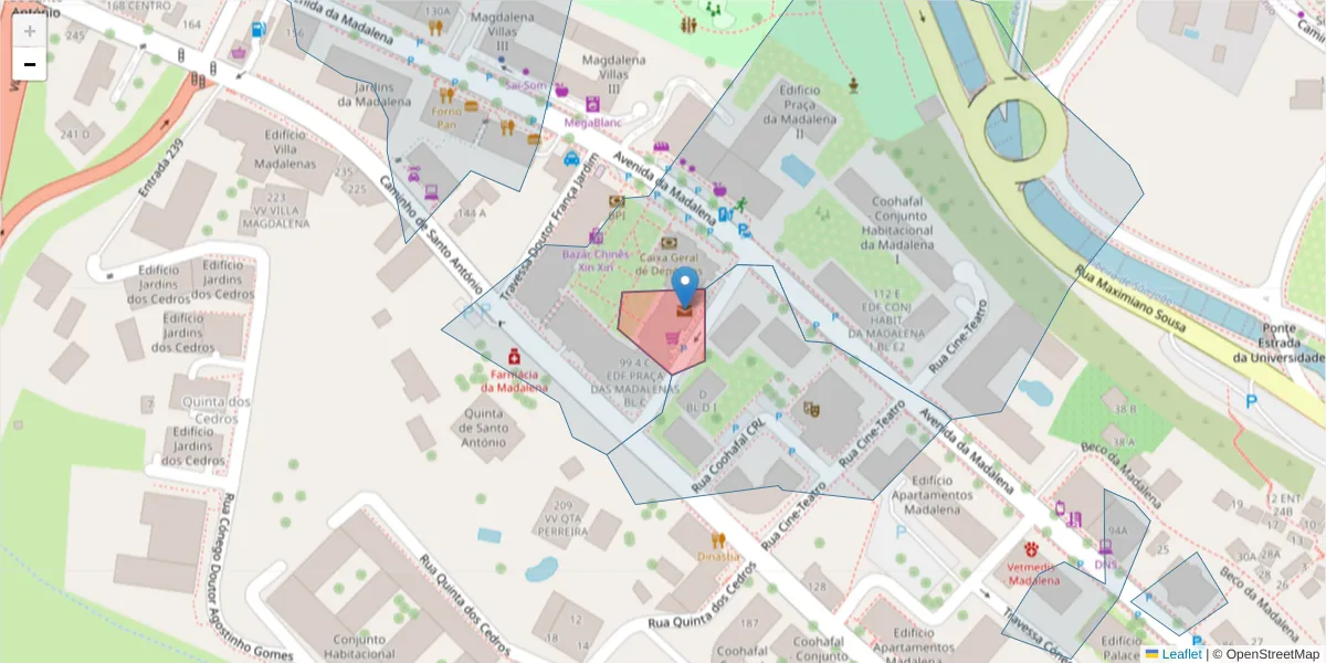 Mapa detalhado do código postal 9020-401 com limites, códigos postais vizinhos e agências dos correios