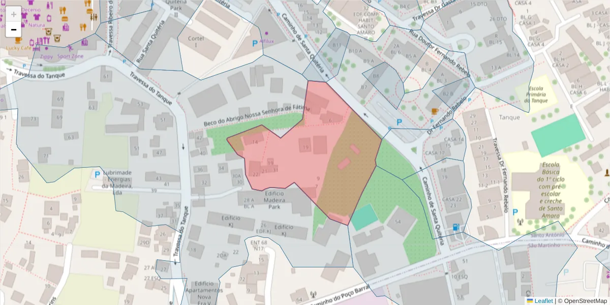 Mapa detalhado do código postal 9020-405 com limites, códigos postais vizinhos e agências dos correios
