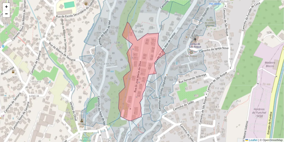 Mapa detalhado do código postal 9020-415 com limites, códigos postais vizinhos e agências dos correios