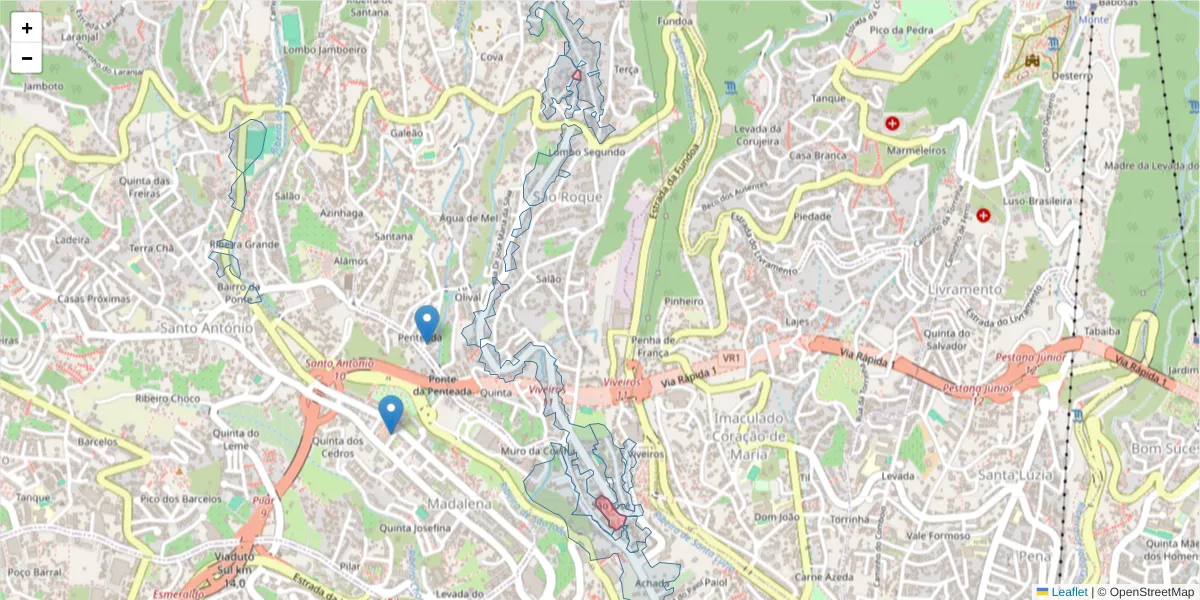 Mapa detalhado do código postal 9020-425 com limites, códigos postais vizinhos e agências dos correios