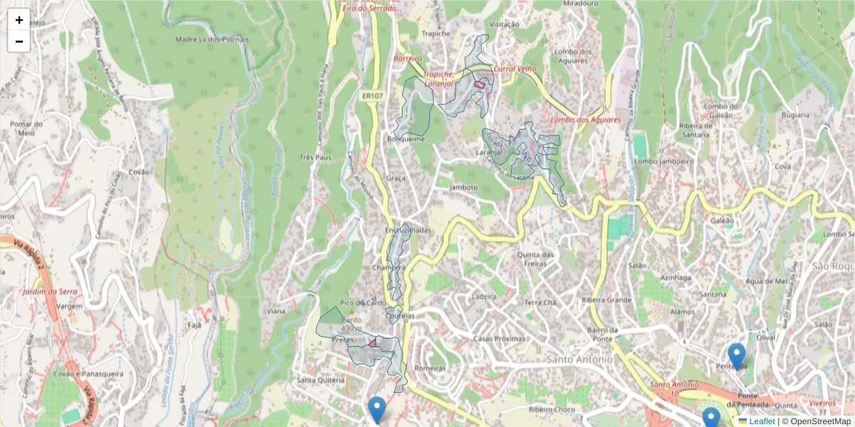 Mapa detalhado do código postal 9024-502 com limites, códigos postais vizinhos e agências dos correios