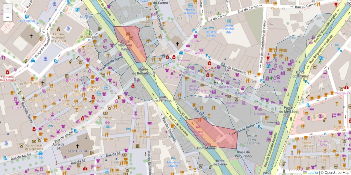 Mapa detalhado do código postal 9050-011 com limites, códigos postais vizinhos e agências dos correios