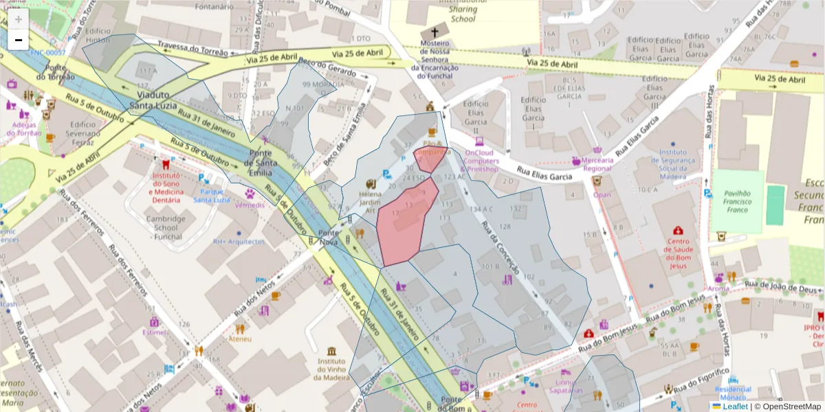 Mapa detalhado do código postal 9050-013 com limites, códigos postais vizinhos e agências dos correios