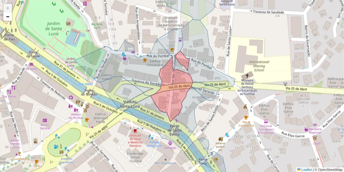 Mapa detalhado do código postal 9050-015 com limites, códigos postais vizinhos e agências dos correios