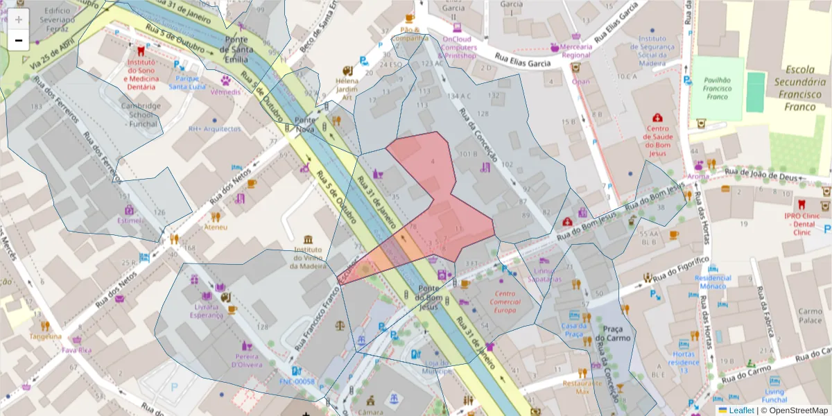 Mapa detalhado do código postal 9050-016 com limites, códigos postais vizinhos e agências dos correios