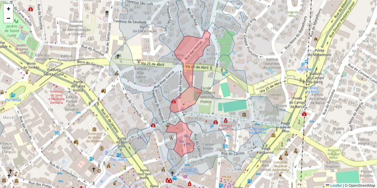 Mapa detalhado do código postal 9050-024 com limites, códigos postais vizinhos e agências dos correios