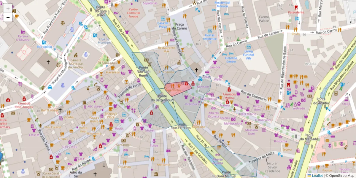 Mapa detalhado do código postal 9050-025 com limites, códigos postais vizinhos e agências dos correios