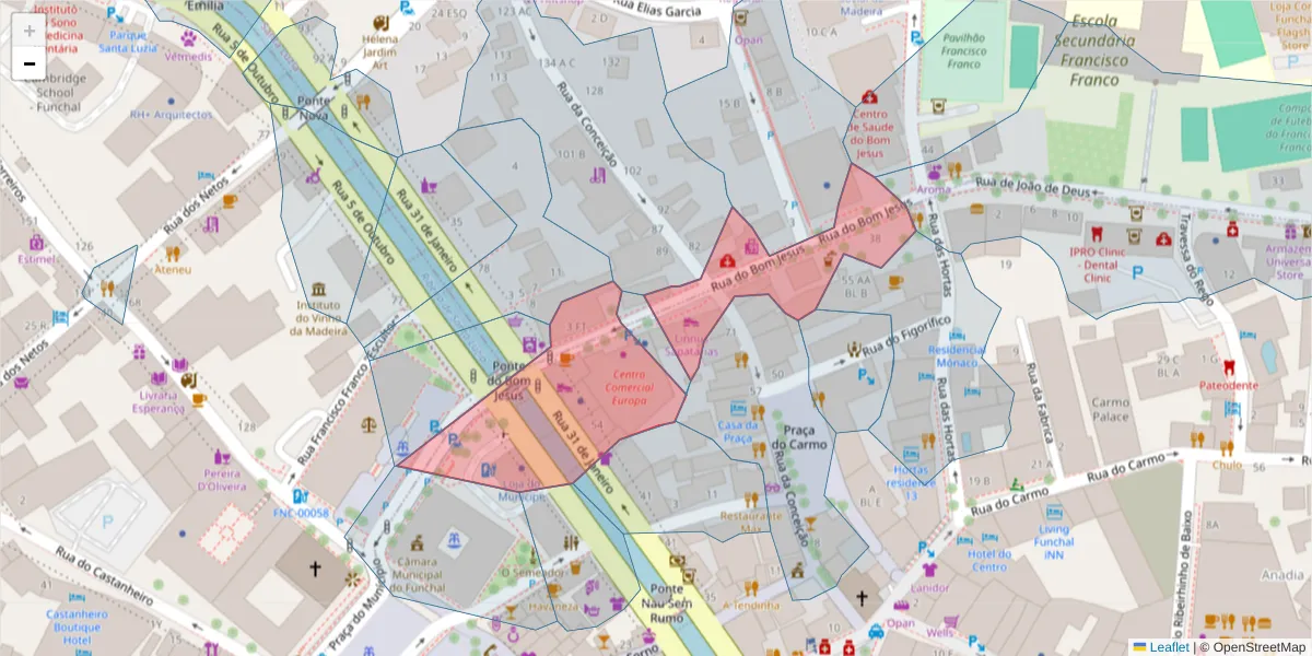 Mapa detalhado do código postal 9050-028 com limites, códigos postais vizinhos e agências dos correios