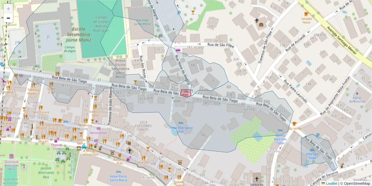 Mapa detalhado do código postal 9050-042 com limites, códigos postais vizinhos e agências dos correios