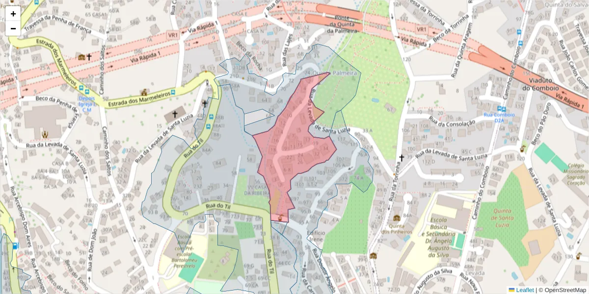 Mapa detalhado do código postal 9050-051 com limites, códigos postais vizinhos e agências dos correios