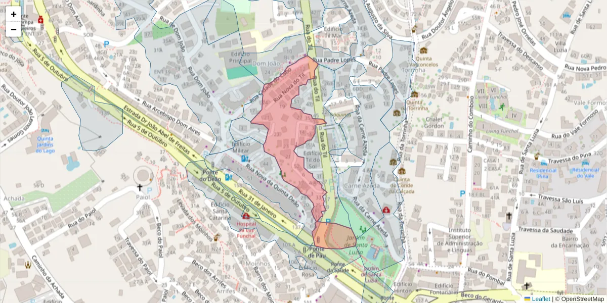 Mapa detalhado do código postal 9050-052 com limites, códigos postais vizinhos e agências dos correios