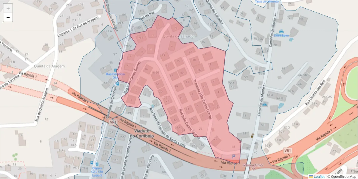 Mapa detalhado do código postal 9050-055 com limites, códigos postais vizinhos e agências dos correios