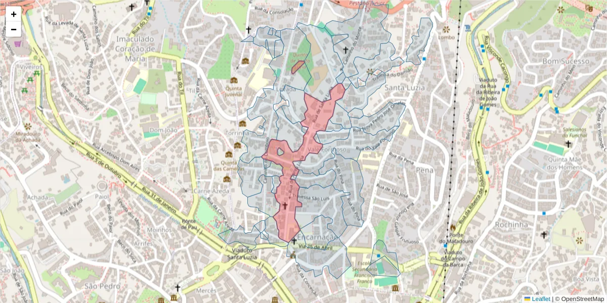 Mapa detalhado do código postal 9050-068 com limites, códigos postais vizinhos e agências dos correios