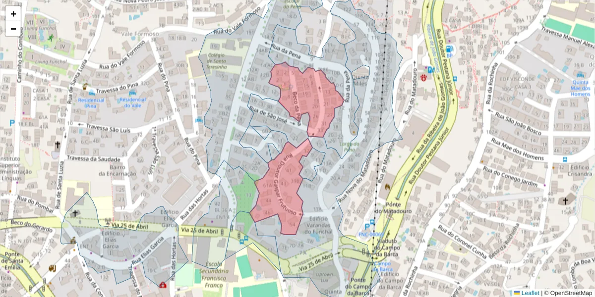 Mapa detalhado do código postal 9050-078 com limites, códigos postais vizinhos e agências dos correios