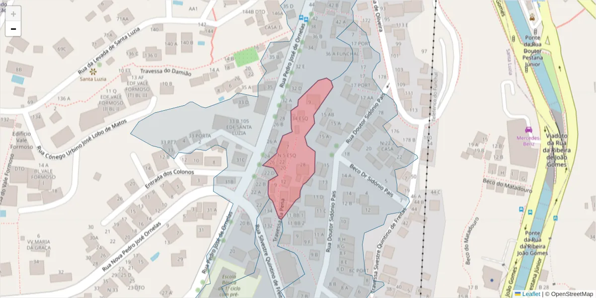 Mapa detalhado do código postal 9050-083 com limites, códigos postais vizinhos e agências dos correios