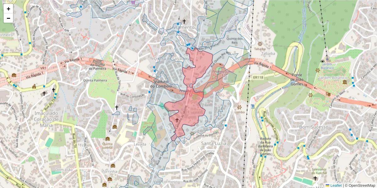 Mapa detalhado do código postal 9050-084 com limites, códigos postais vizinhos e agências dos correios