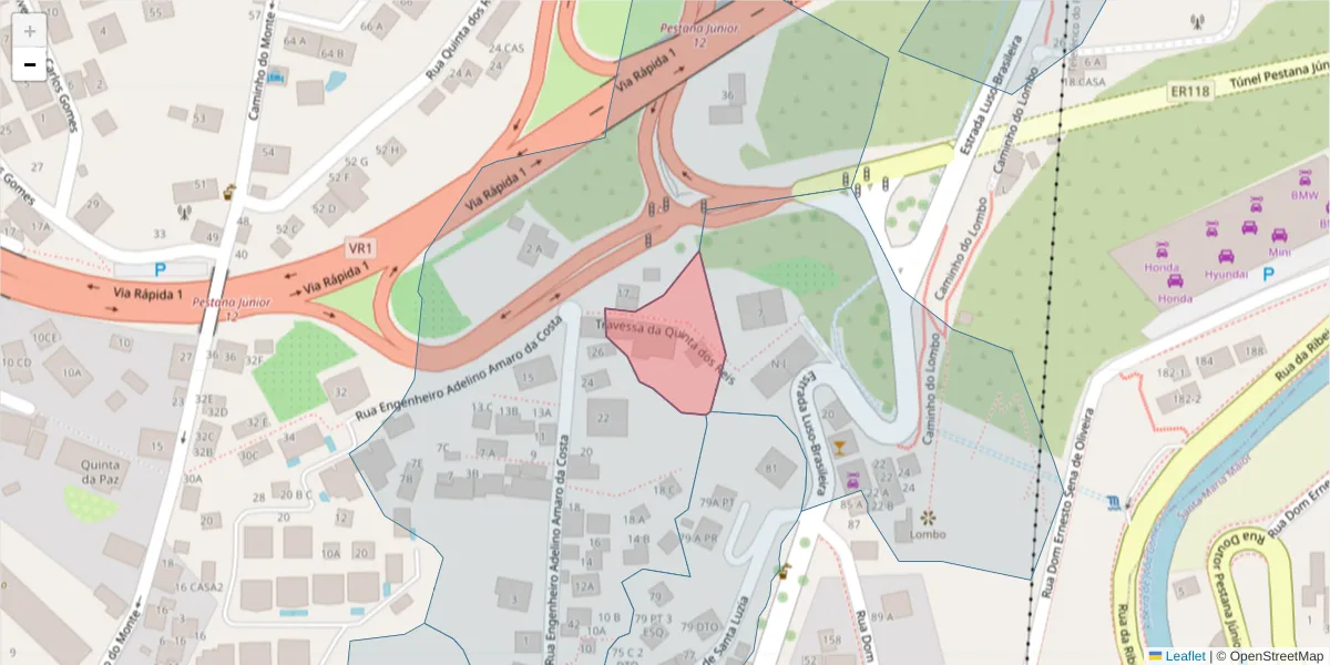 Mapa detalhado do código postal 9050-086 com limites, códigos postais vizinhos e agências dos correios