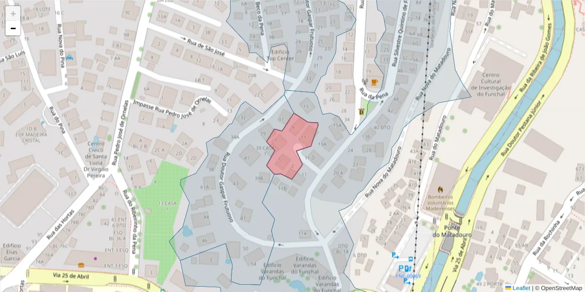 Mapa detalhado do código postal 9050-098 com limites, códigos postais vizinhos e agências dos correios