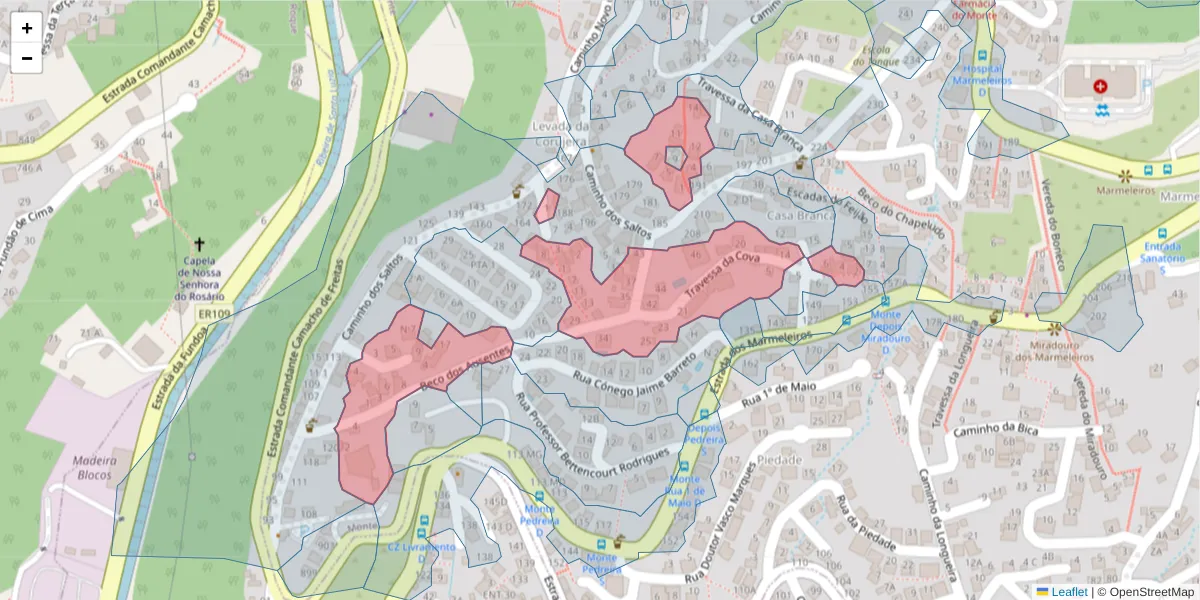 Mapa detalhado do código postal 9050-199 com limites, códigos postais vizinhos e agências dos correios