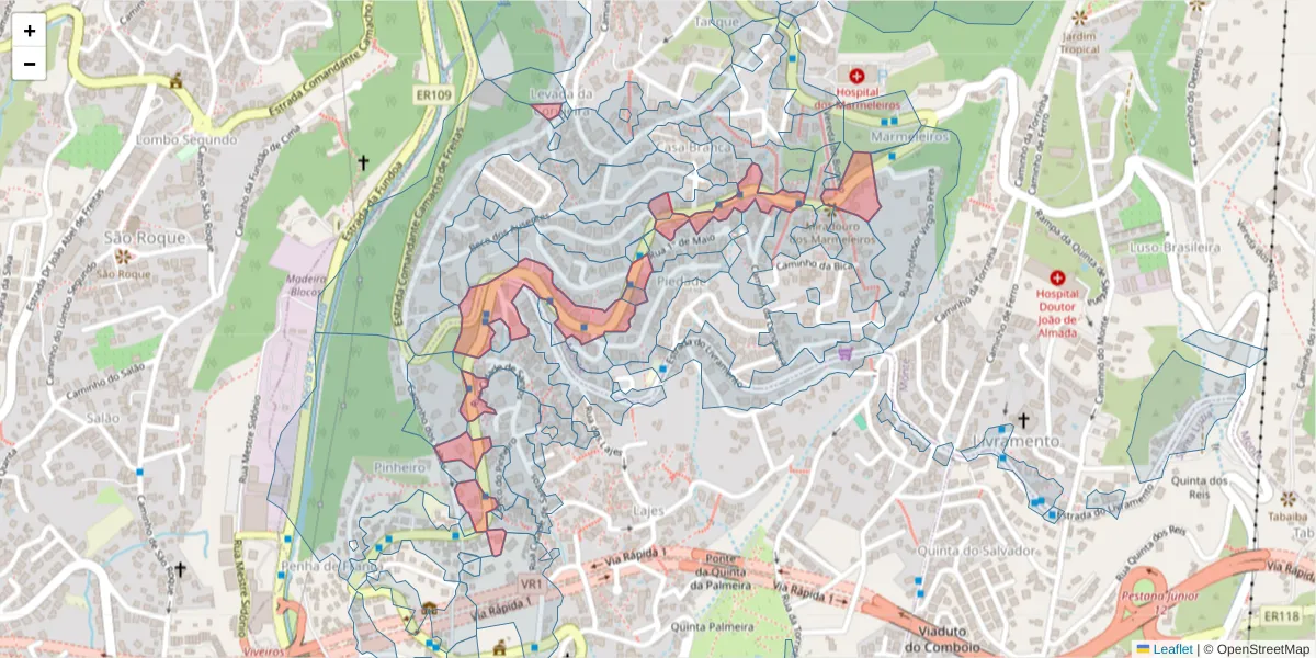 Mapa detalhado do código postal 9050-209 com limites, códigos postais vizinhos e agências dos correios